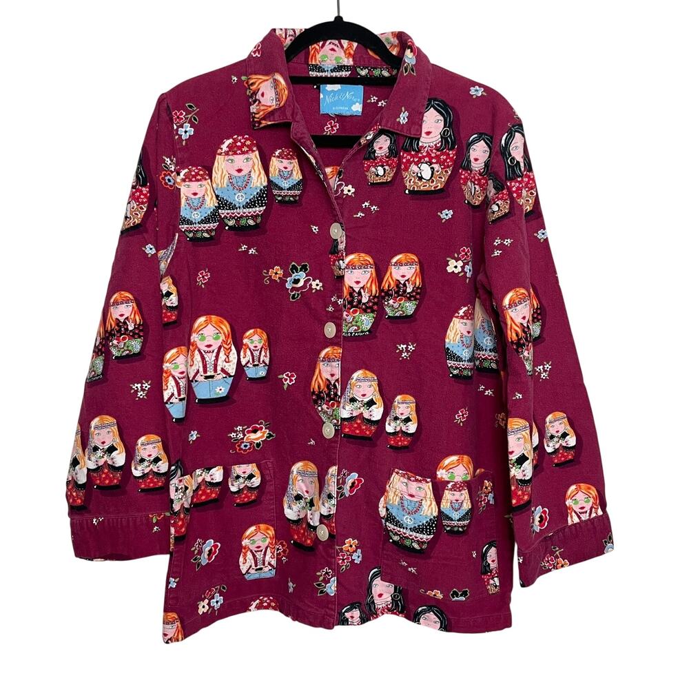 Nick & Nora Cotton Pajama SET Women's Sz M Russian Hippie Nesting Dolls Pattern
